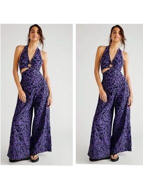 Free People Size XSmall Kira Jumpsuit Purple/Black Cutout One Piece Flared Leg